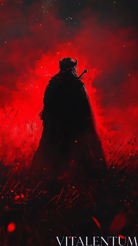 Dark horned warrior stands in blazing crimson smoke.