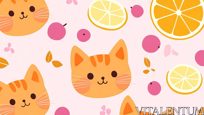Whimsical Orange Tabby Cats Frolic Among Citrus Fruits and Berries