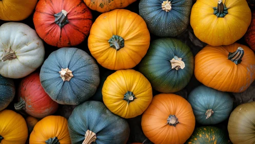 Overhead study of colorful heirloom pumpkins in rows.