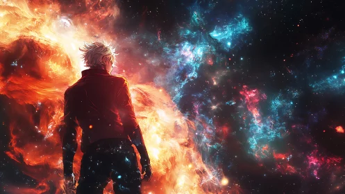 Lone space wanderer confronts blazing nebula horizon