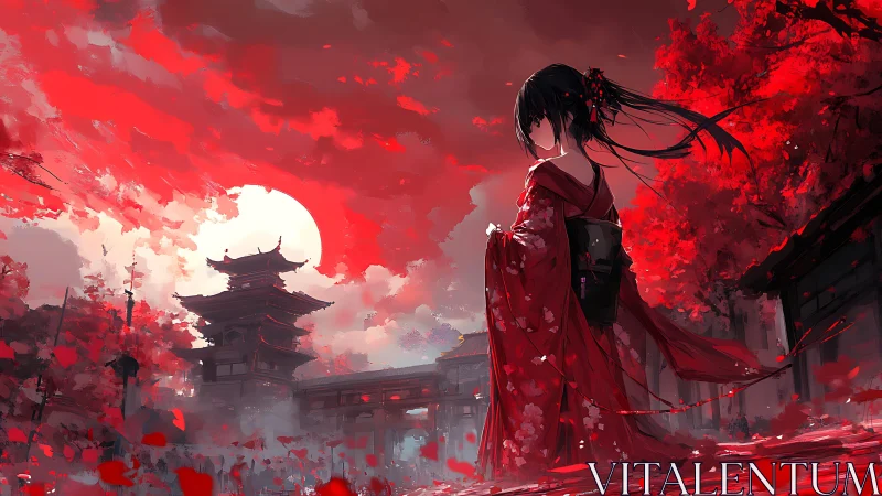 Girl in red kimono in dramatic crimson temple scene.