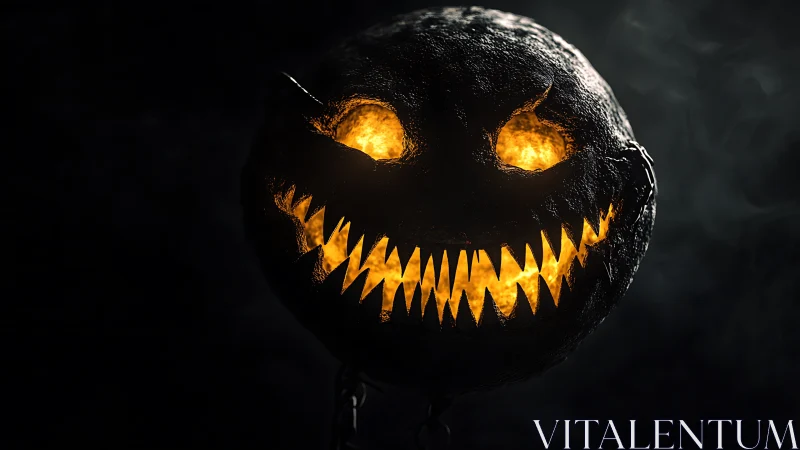 Glowing jack o lantern sphere with sharp teeth in darkness.