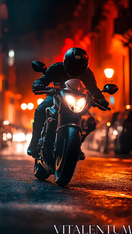 Midnight rider carves molten light through the wet city