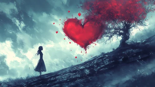 Ethereal figure observes luminous oversized heart suspended in turbulent sky