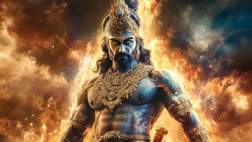Mythic blue warrior deity amid combustive nebular flames.