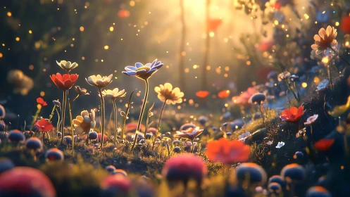 Luminous wildflower meadow with golden bokeh light.