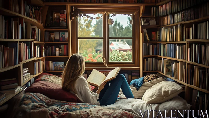 Young woman reading in a windowed home library nook at dusk