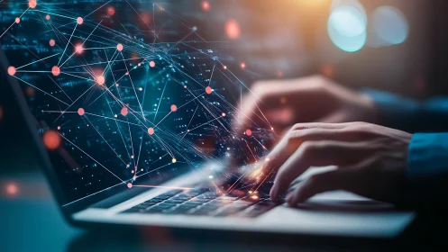 Hands typing on laptop with glowing digital network overlay.