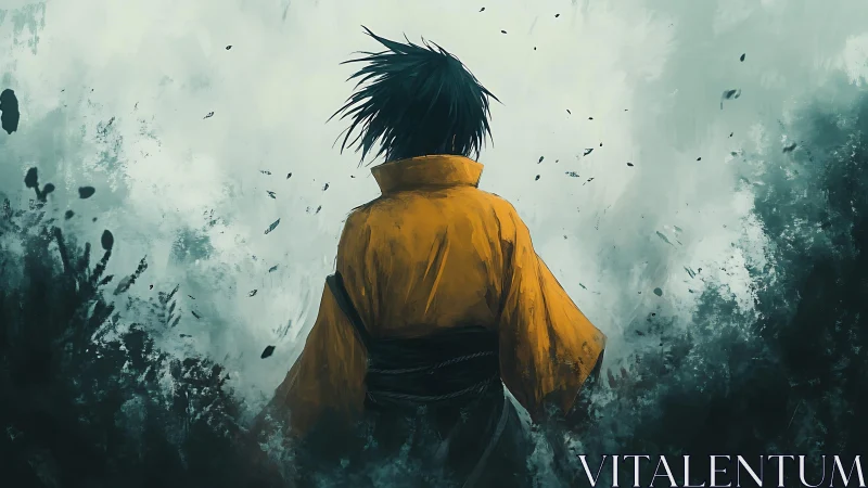 Lone warrior in yellow robe walks into swirling mist.