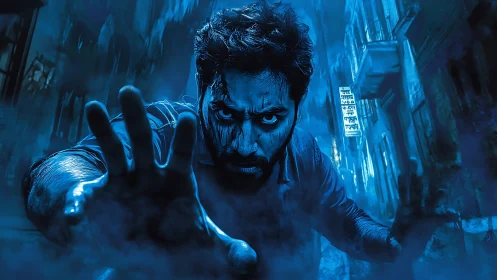 Intense man reaches through blue fog in haunted alleyway.