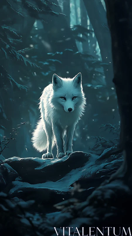 Luminous white fox poised on snowy forest outcrop at dusk.