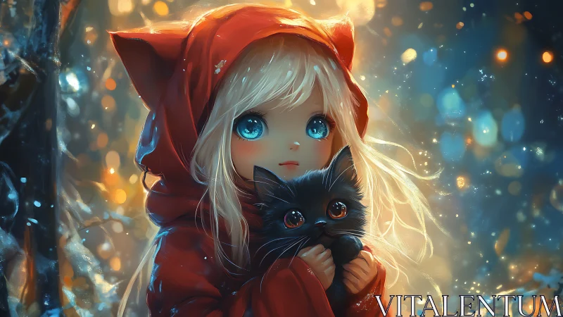 Anime girl in red hood holding black kitten at night.