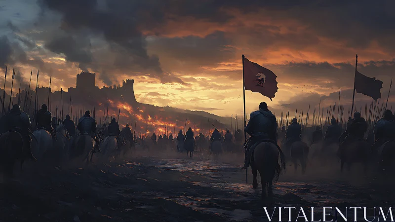 Knights ride toward a burning fortress under ember skies.