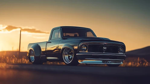 Photorealistic classic pickup at golden-hour roadside staging.