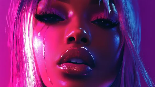 Chromatic close-up of neon-lit synthetic femme portraiture.