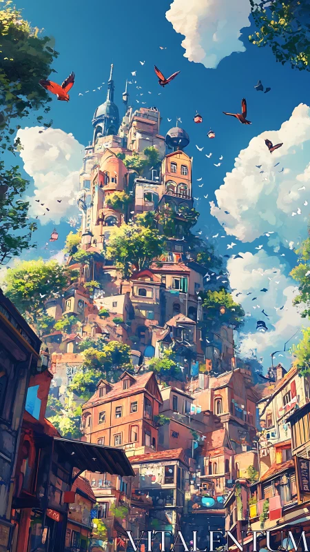 Vertical terraced city tower in lush daylight digital painting.