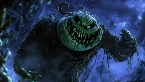 Grinning swamp pumpkin monster lunges through eerie blue mist