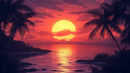 Crimson tropic sunset cradles a molten-gold ocean horizon.