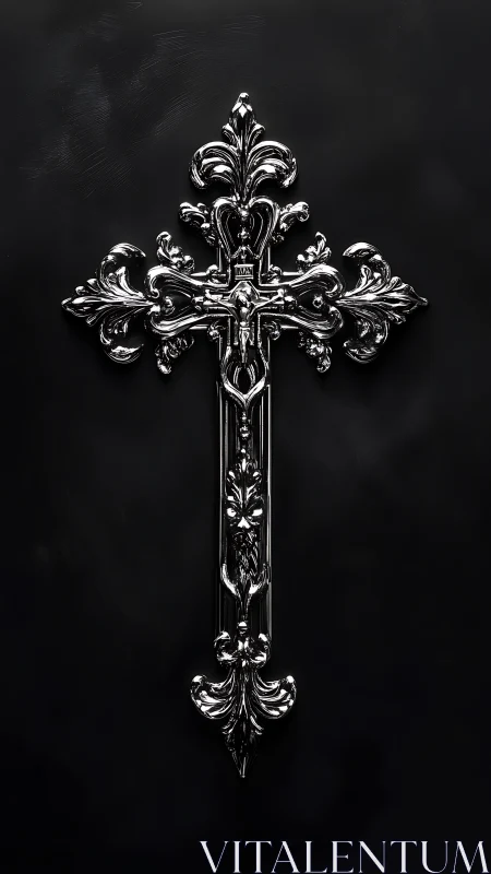Baroque chrome cross gleaming like midnight lightning.