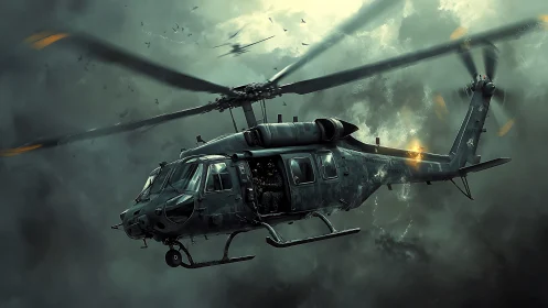 Military helicopter flies through dense storm clouds in combat