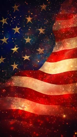 Radiant American flag glows with festive golden sparks