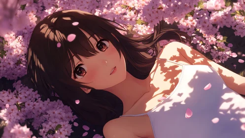 Anime girl beneath cherry blossoms in dappled spring light
