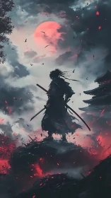 Lone samurai silhouette under red moon on burning ridge.