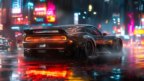 Neon rain racer prowls through electric midnight streets.