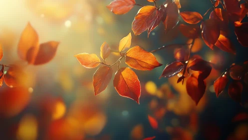 Autumn leaves glow in dreamy, golden backlight at dusk.