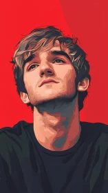 Stylized male portrait gazing upward on vivid red field.