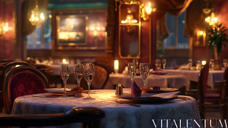 Romantic fine dining table in softly lit elegant restaurant.
