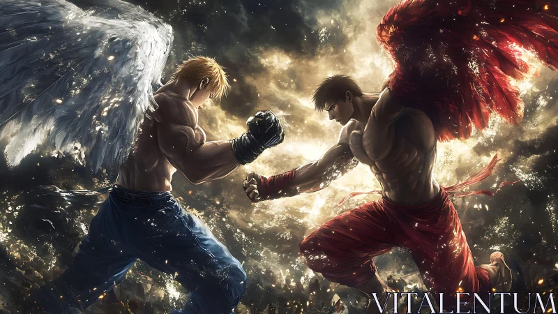 Winged warriors collide in a blazing clash of heavenfire.