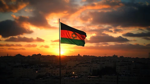 Tricolor city flag silhouette against radiant urban sunset.