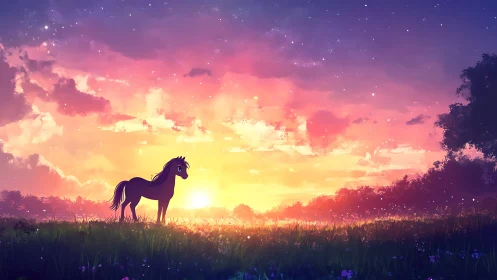 Silhouetted cartoon horse stands in meadow against glowing sunset