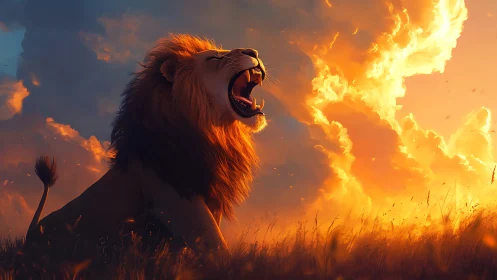 Sunset roar crowns the lion king in blazing skyfire.