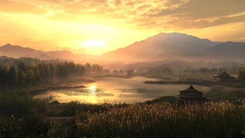 Sunrise drapes golden silence over misty riverside pagodas