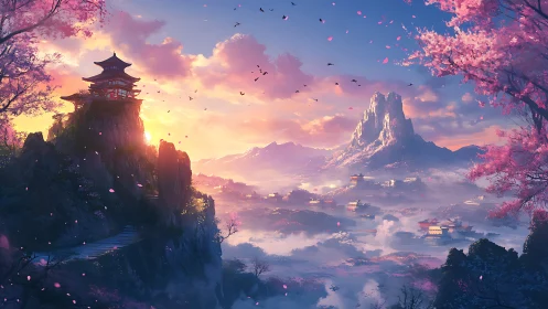 Mountain valley with pagoda, cherry trees and distant peaks.