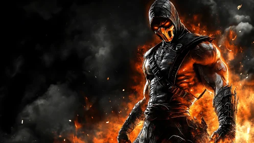 Hooded armored figure in fiery, smoke-filled digital scene.