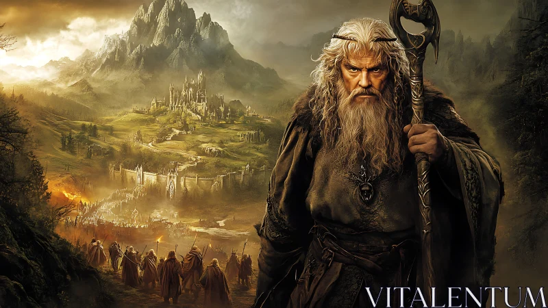 Weathered wizard leads a golden-lit army toward the citadel.