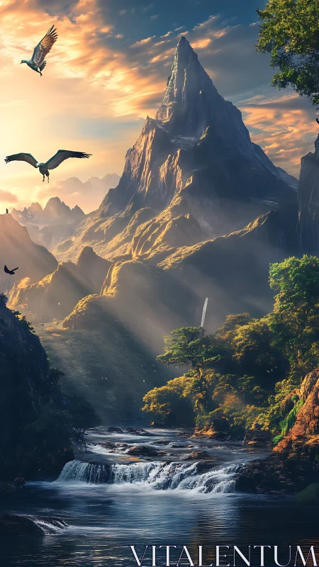 Soaring over sunlit peaks and a gentle mountain river.