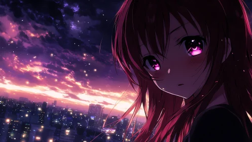 Anime girl over twilight city skyline with glowing eyes.