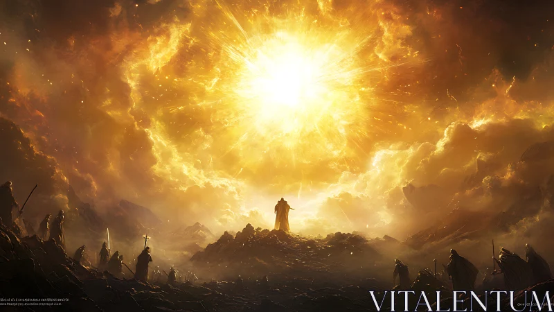 Apocalyptic celestial burst engulfs robed figures on craggy ridge