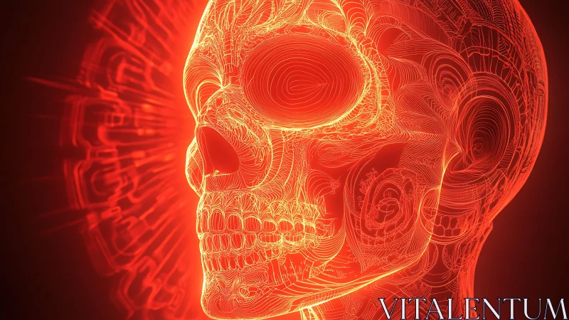 Luminous red skull wireframe glows with intricate energy lines.