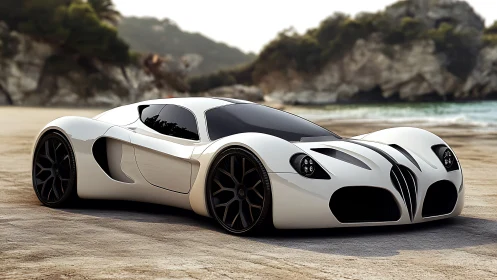 White futuristic sports car parked on coastal beach.