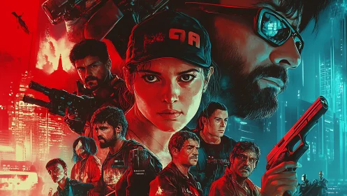 Collage of armed characters set in divided red blue cityscape