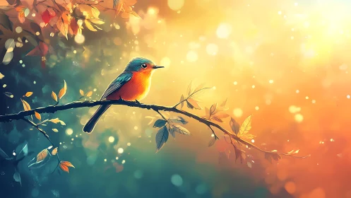 Colorful songbird on autumn branch in dreamy digital art style.