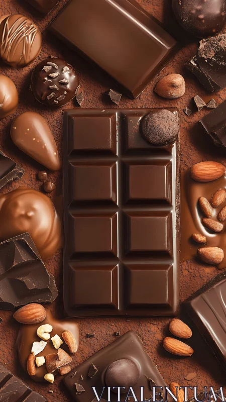 Rich chocolate bars with assorted nuts and truffles.