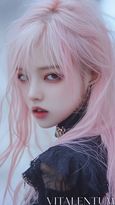 Pink-haired gothic girl gazes back with icy intensity.