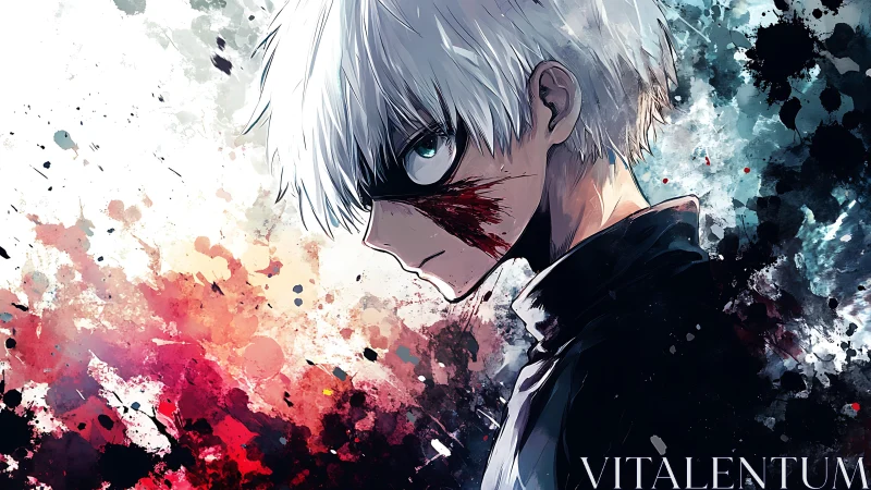 White haired anime boy in profile with bloodstained mask