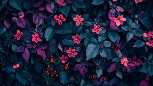 Neon Blooms Against Midnight Foliage.